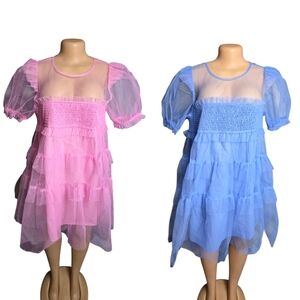 Ella Blue Sheer Tulle Babydoll Dress Smocked Empire Waist Set Of 2